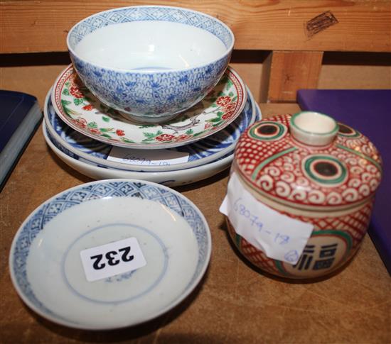 Kutani tea caddy for leaf tea and a 18th century Japanese blue and white tray, bowl, cover and dish